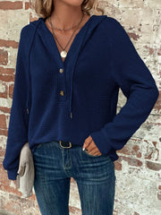 Solid Button-embellished Waffle Knit Hoodie, Casual Long-sleeve Drawstring Hoodie