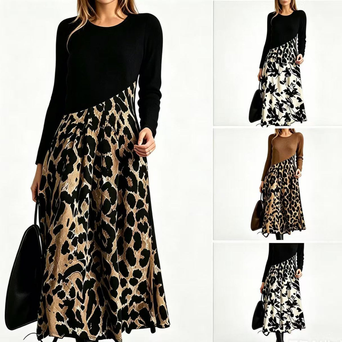 Plus-Size Leopard Print Long Sleeve Fishtail Dress