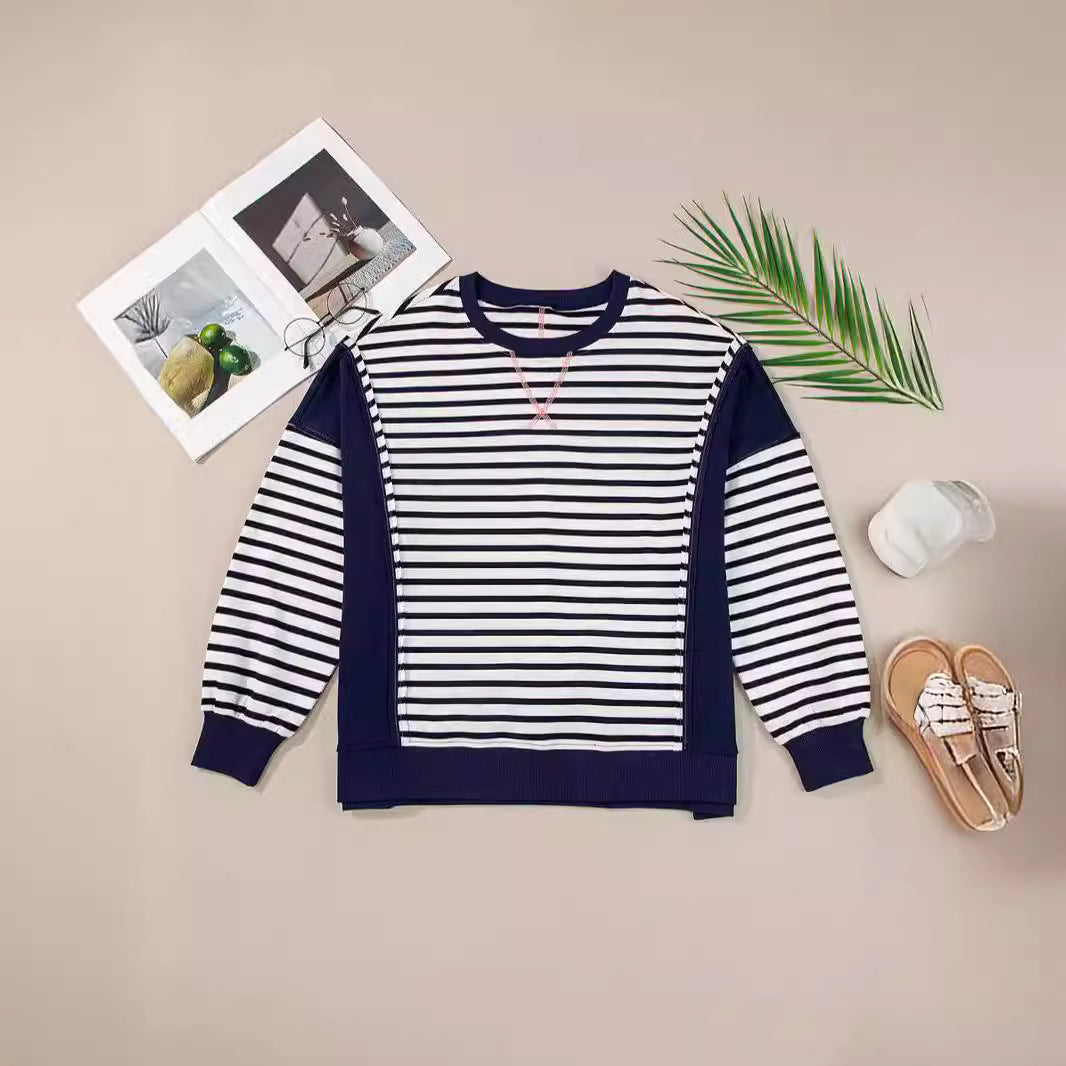 Colorblock Striped Long Sleeve Casual Pullover Sweatshirt