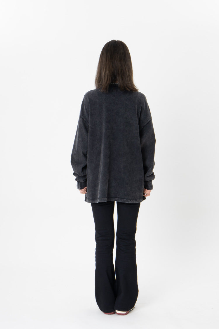Vintage Washed Letter Print Cotton Crewneck Sweater