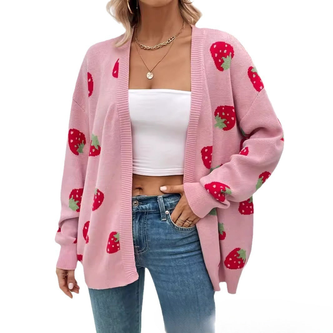 Fashionable Strawberry Jacquard Cardigan Sweater for Women
