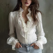 French-style Delicate Lace-trimmed Patchwork White Blouse For Girls