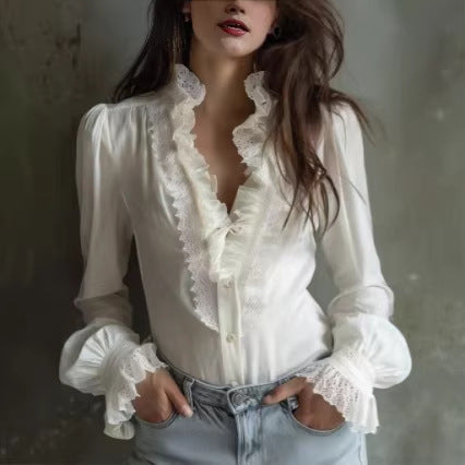 French-style Delicate Lace-trimmed Patchwork White Blouse For Girls