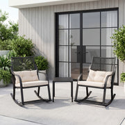 3pcs Outdoor Rocking Chair Set, Heavy Duty 350lbs Capacity Wicker Patio Furniture, 3" Extra Thick Cushioned Bistro Set With Glass Coffee Table, All-Weather Porch Rockers For Garden Set & Balcony, White/Gray/Cream