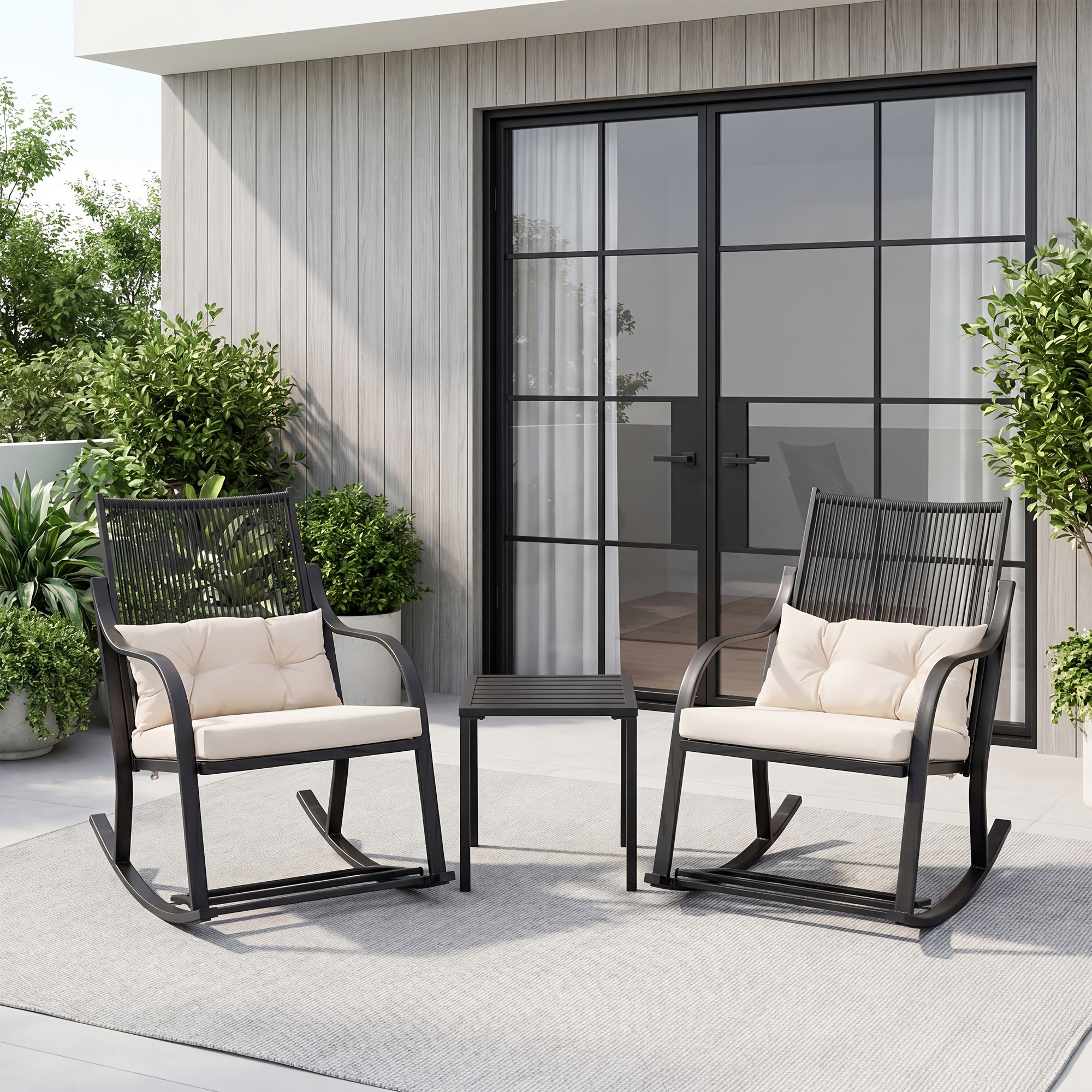 3pcs Outdoor Rocking Chair Set, Heavy Duty 350lbs Capacity Wicker Patio Furniture, 3" Extra Thick Cushioned Bistro Set With Glass Coffee Table, All-Weather Porch Rockers For Garden Set & Balcony, White/Gray/Cream