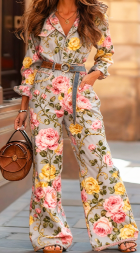 Waist-Cinched Wide-Leg Long-Sleeve Jumpsuit Set