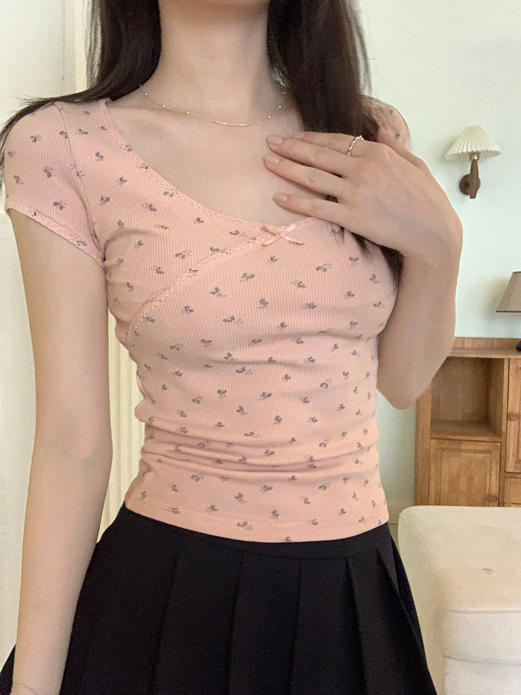 Floral Bow Short-Sleeve Scoop Neck Tee
