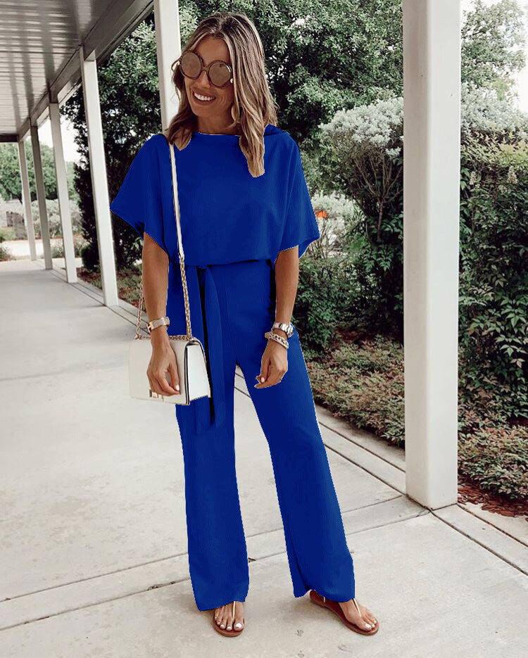 Women's Loose Casual Lace Up Jumpsuit Short Sleeve