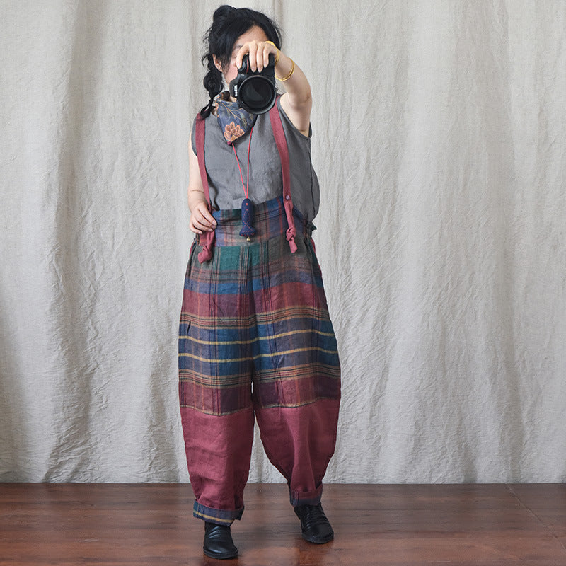 Chic Linen Patchwork Suspender Pants for Women