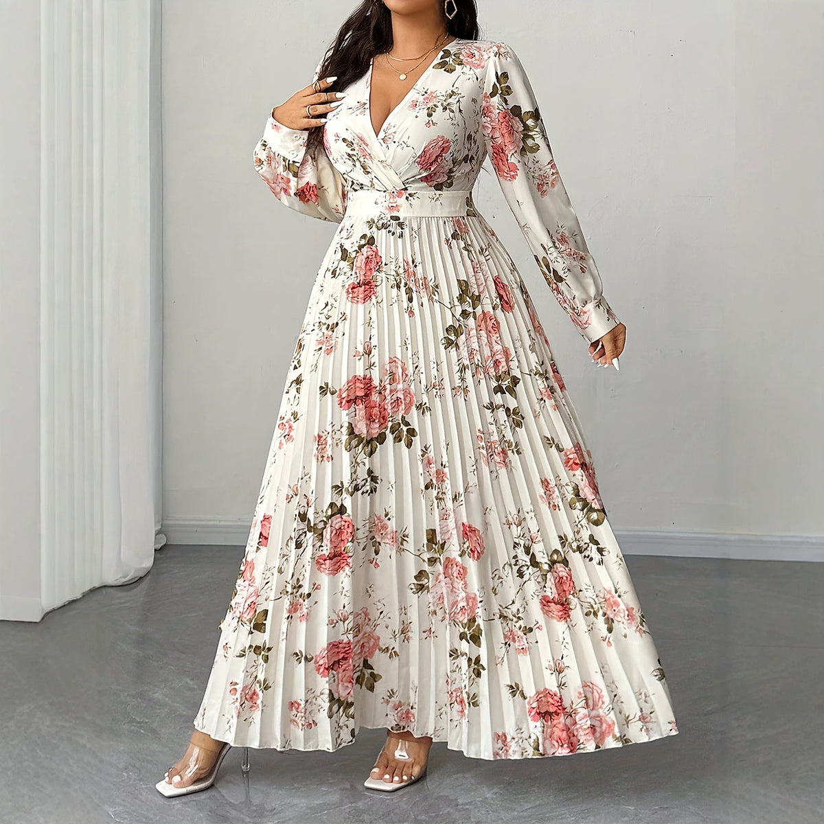 Elegant V-neck Floral-print Dress for Women