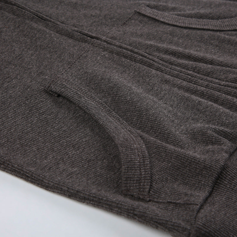 Women's Gray Ribbed Hooded Zip-Up Short Cardigan Sweater