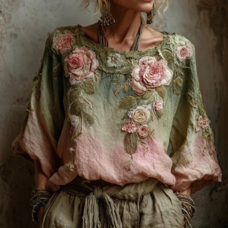 Vintage Rose Gradient Linen Blouse – Light, Breezy Short Sleeve