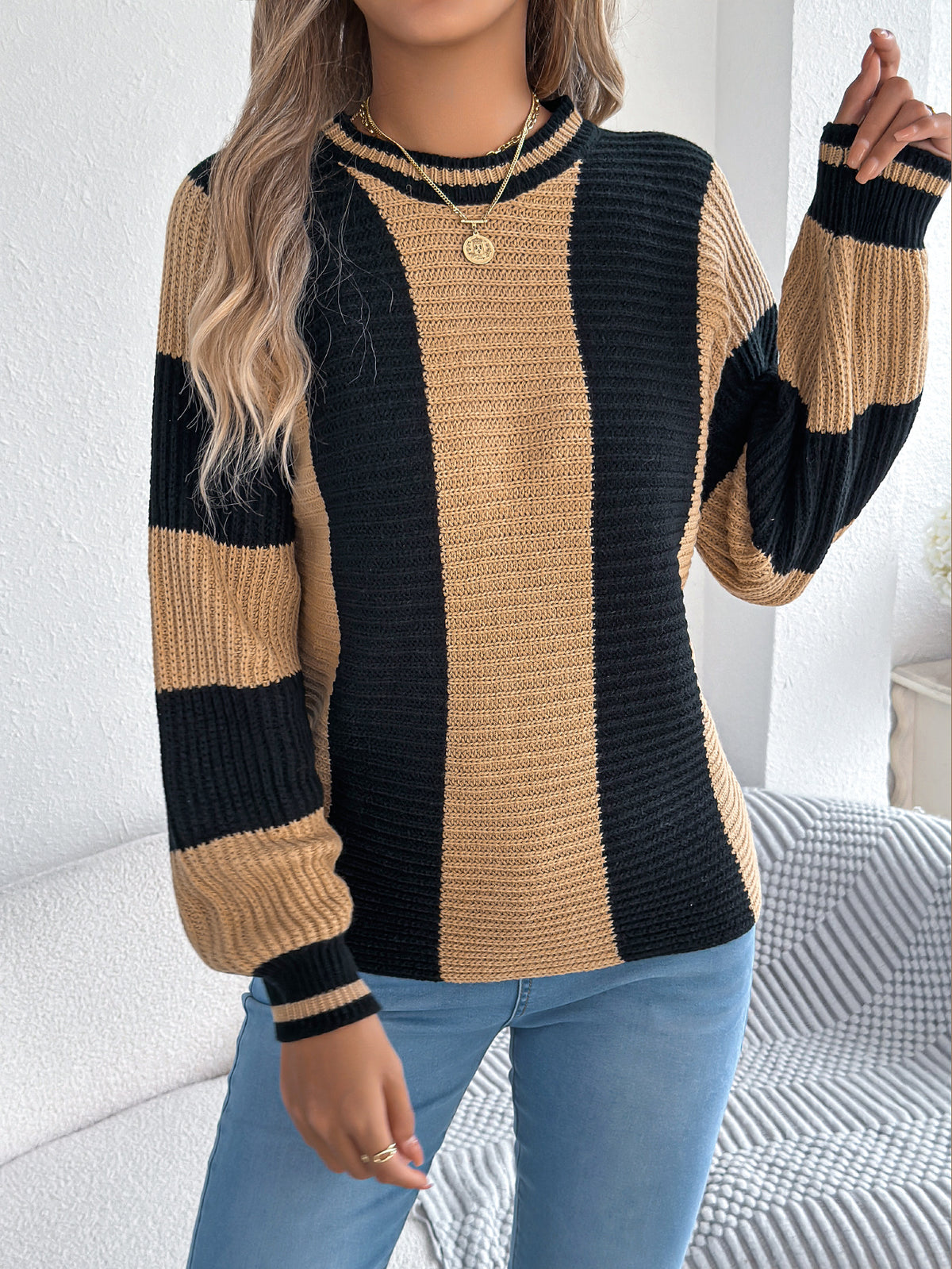 Women Casual Color Block Stripe Lantern Sleeve Pullover Sweater