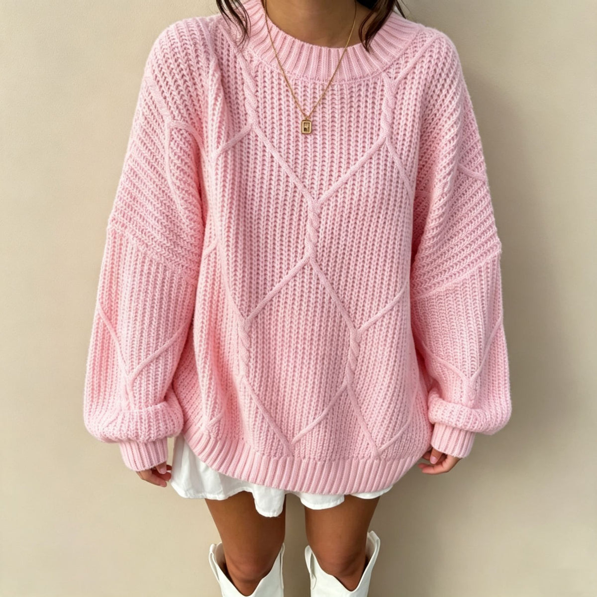 Womens Loose Knitted Sweater Solid-color Pullover