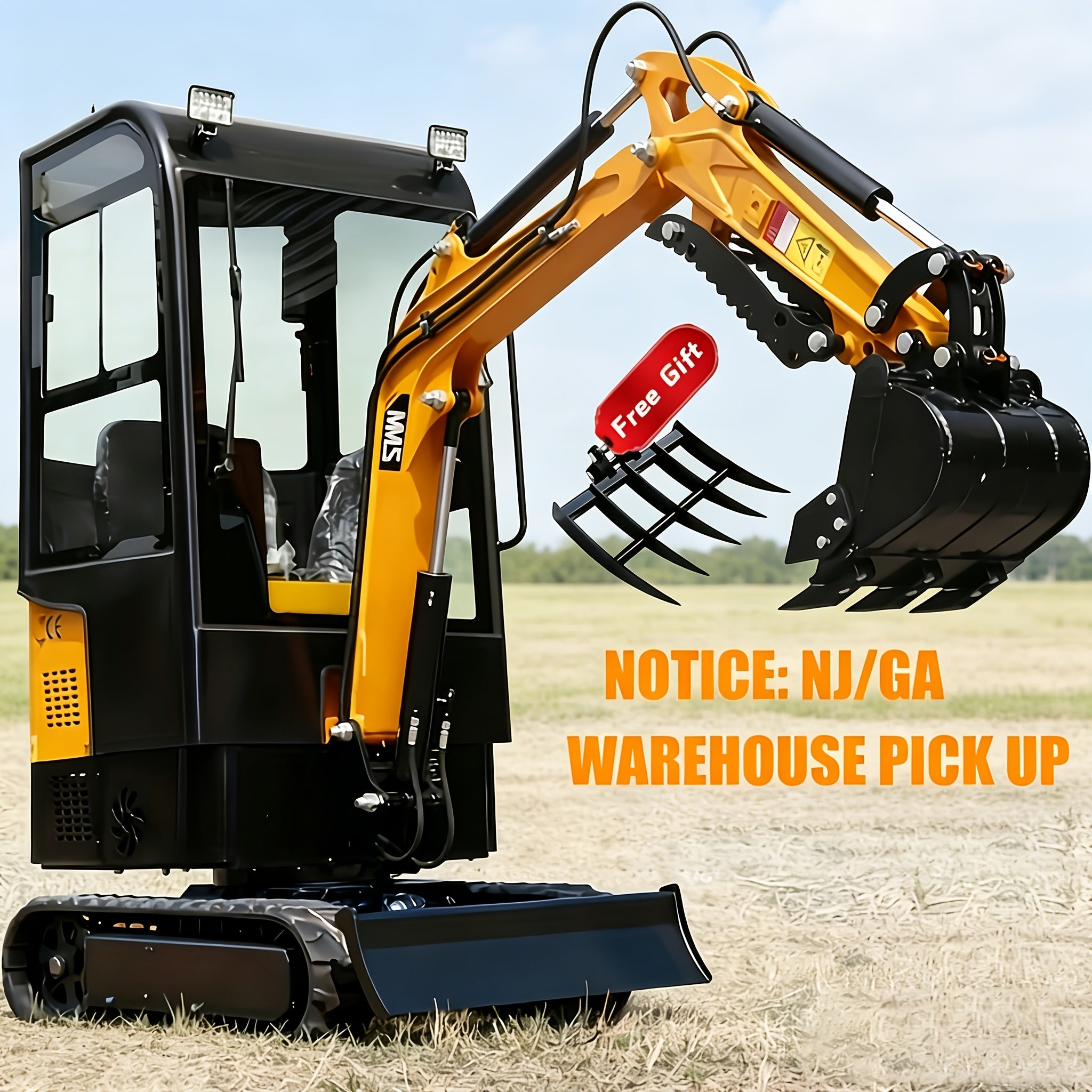 [NJ/GA/TX/CA Warehouse Pickup] 1-ton Mini Excavator, Compact Digger with A 13.5 HP EPA Gasoline Engine And A Removable Cab, Suitable for Demolition, Trenching, And Yard Improvements, Suitable for All Seasons