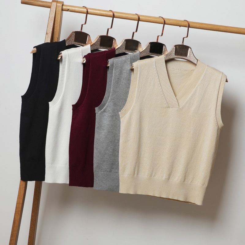 V-neck Sleeveless Sweater Vest Women's Black Top Outerwear Thin Knitwear