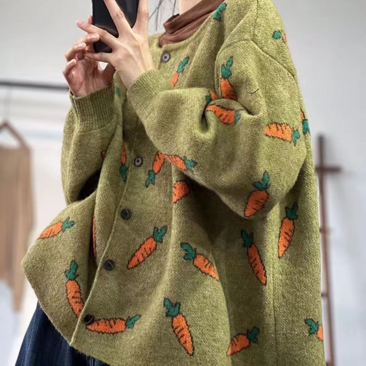 Round Neck Mori Artistic Printing Color Contrast Loose Casual Cardigan Sweater