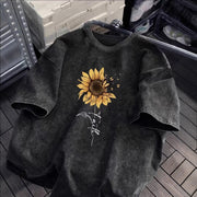 Loose‑Fit Sunflower Butterfly 3D Cotton T‑Shirt – Washed Black