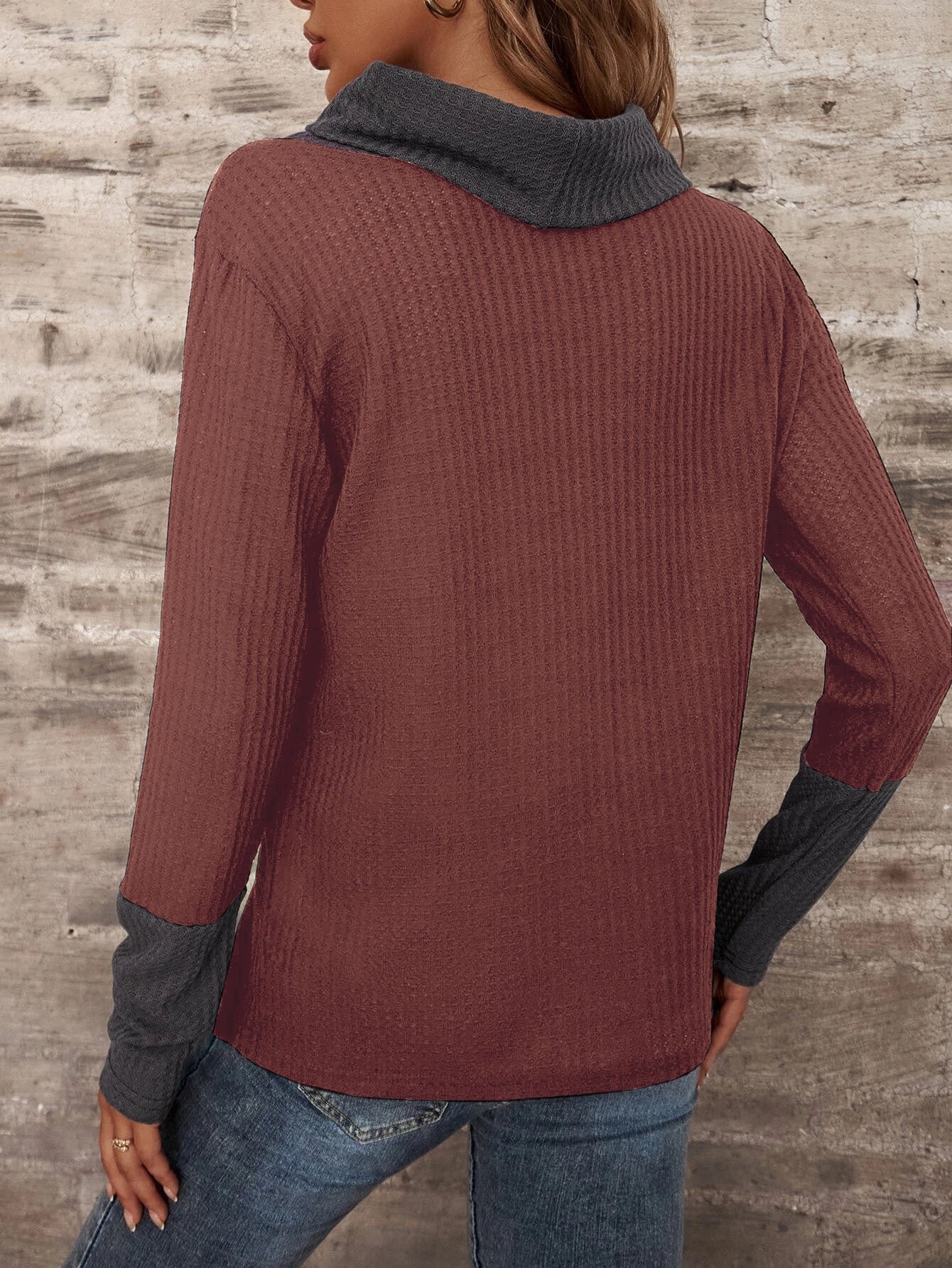 Waffle Knit Mock Neck Long Sleeve Top