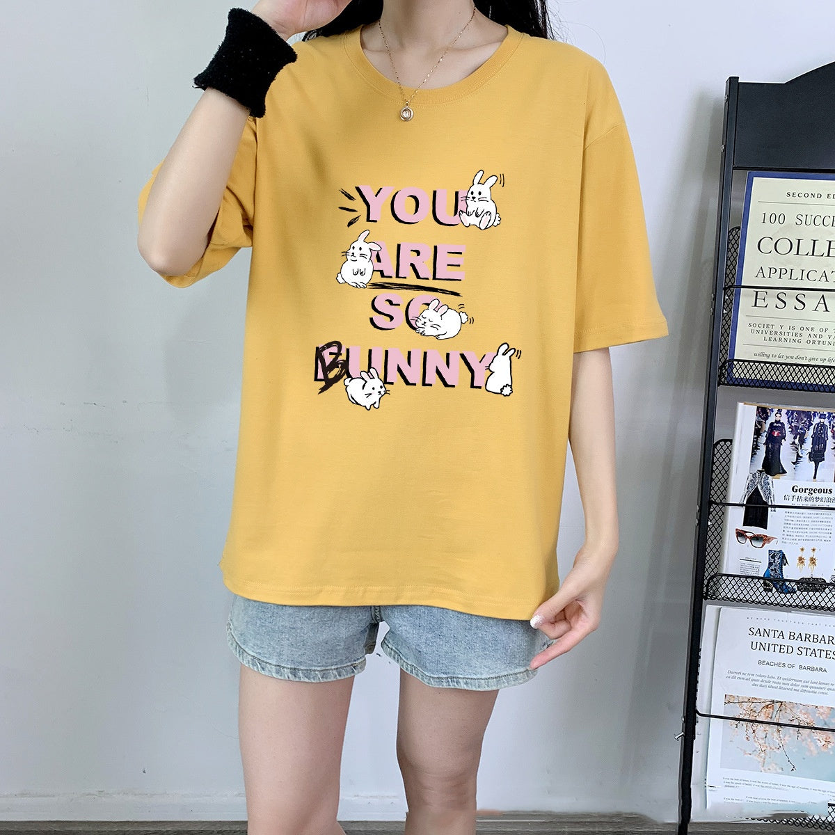 Cute Rabbit Print Cotton Short Sleeve Tee