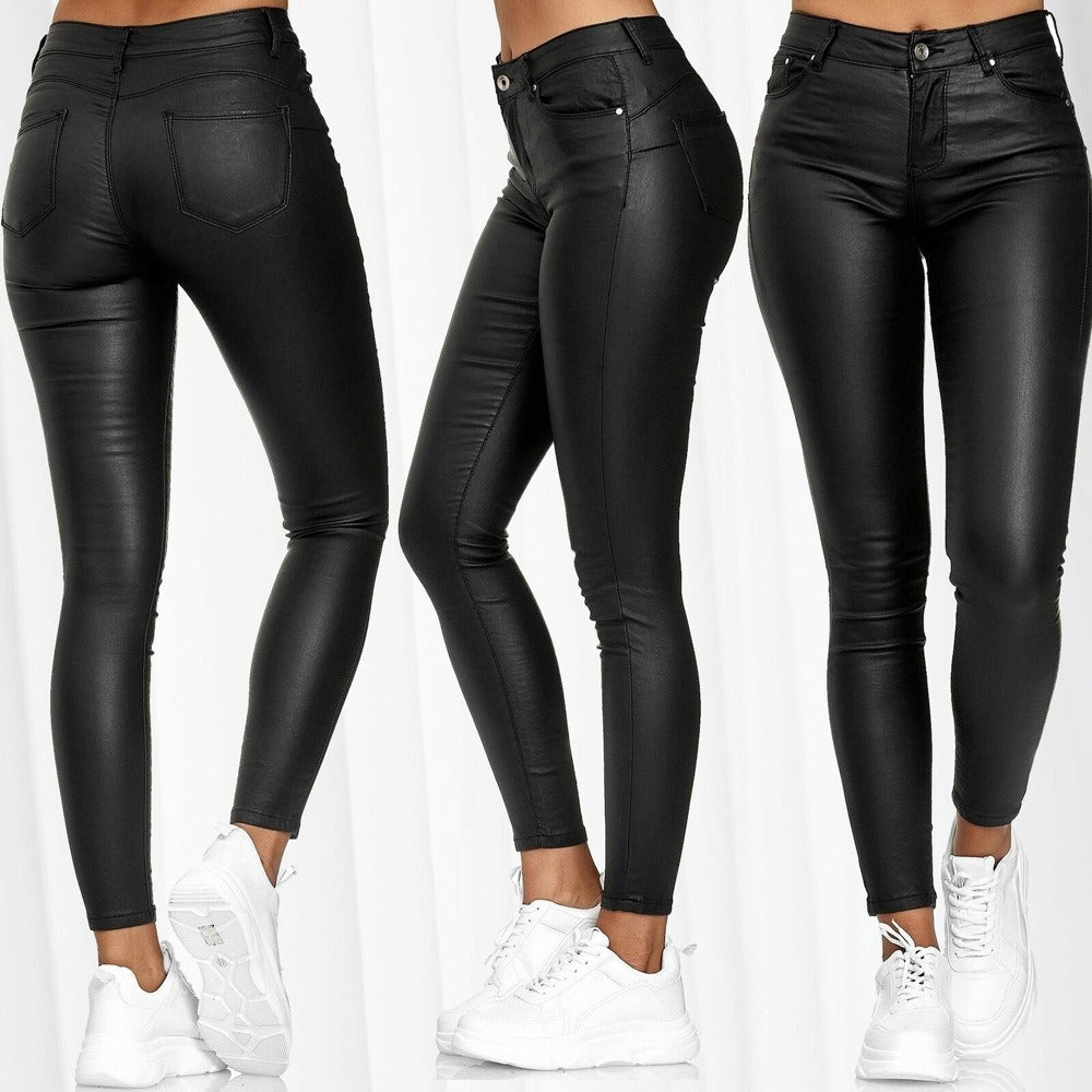 Solid Color Slim Fit Pu Leather Casual Pants, Skinny Ankle-length Trousers