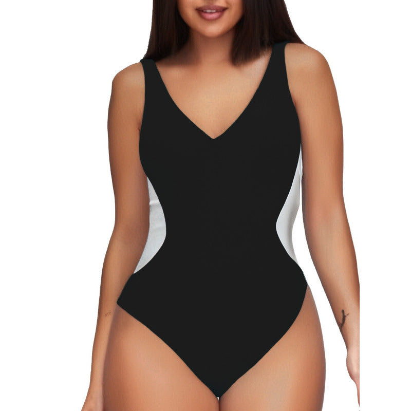 Women's One-piece Deep V Contrast Color Swimsuit