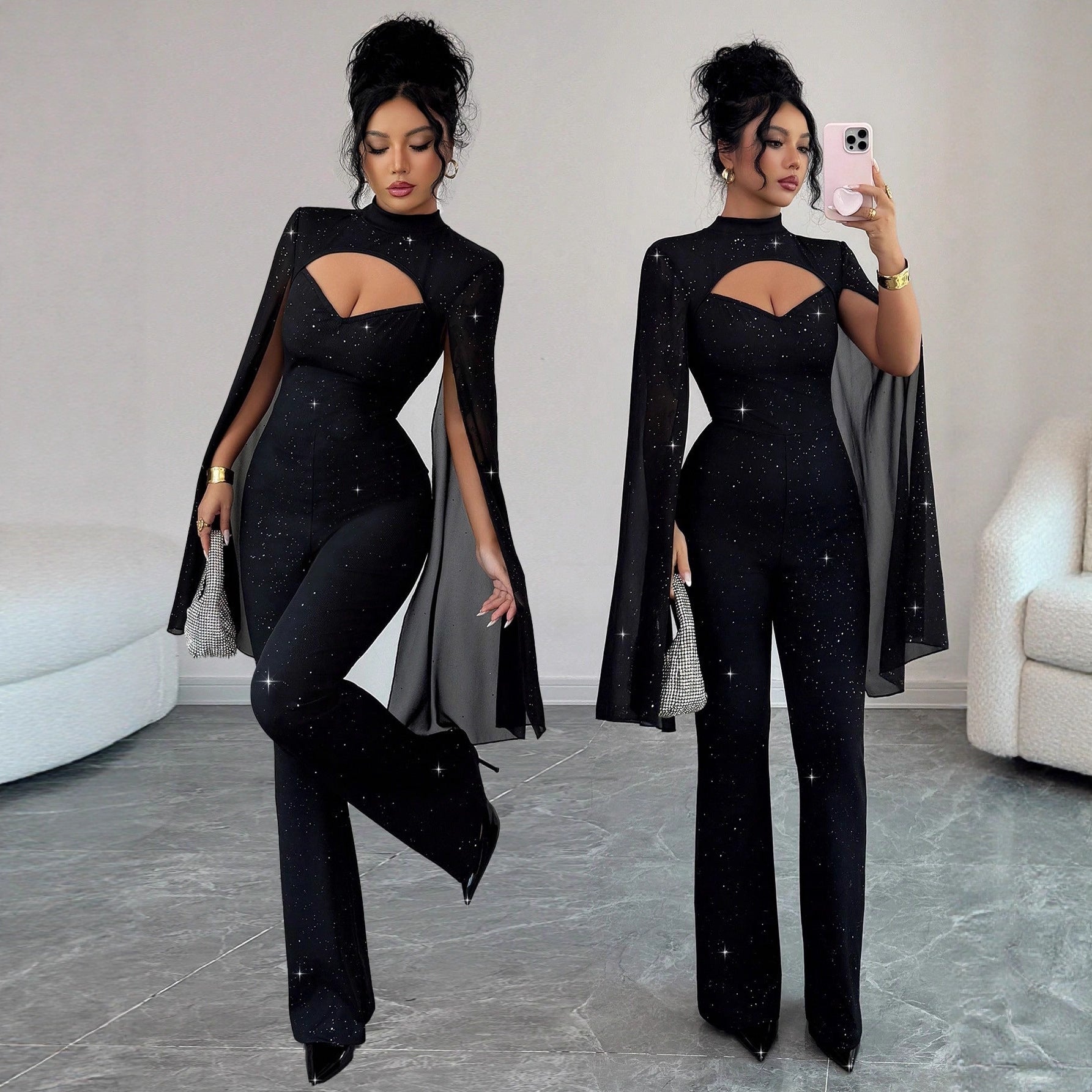Elegant Cape-Style Ribbed Bodycon Jumpsuit