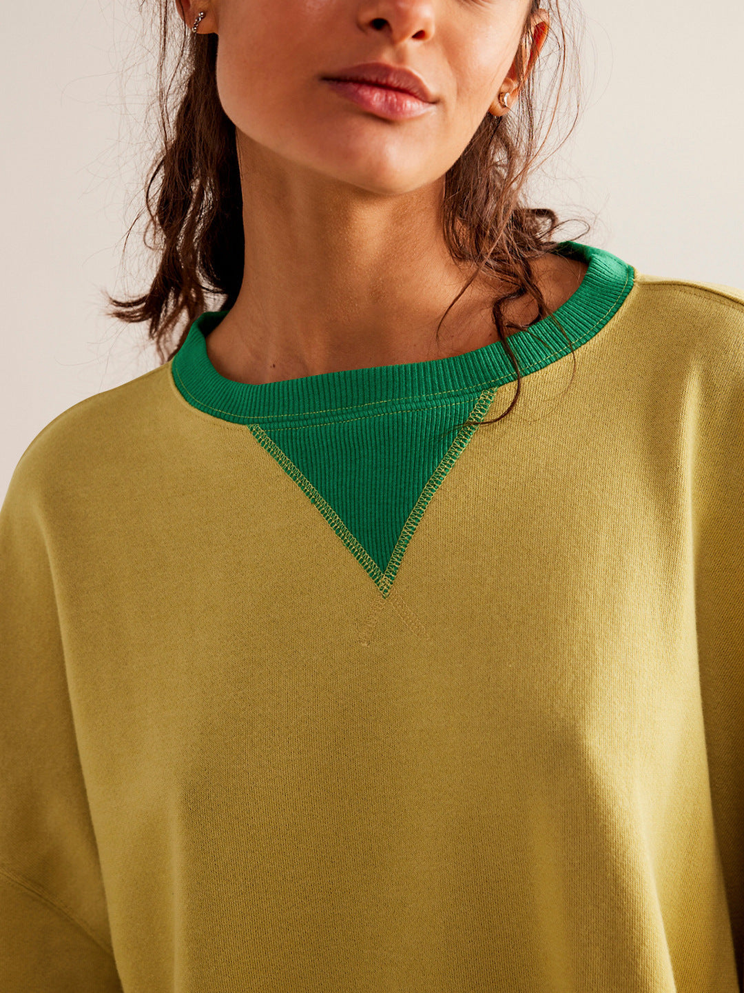Color-Block Lantern Sleeve Casual Pullover Sweatshirt