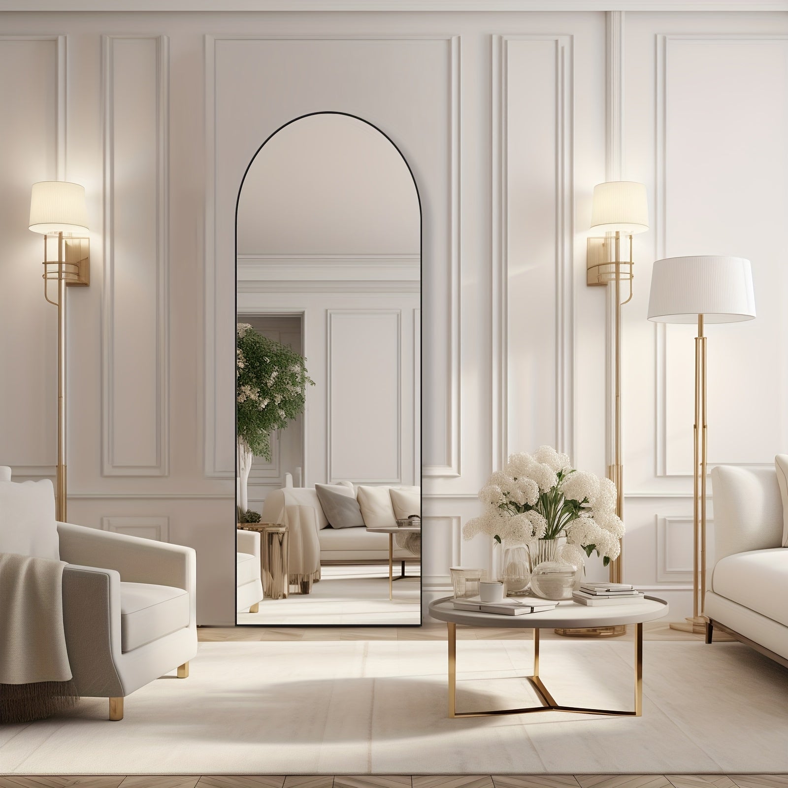 Arched Full Length 64" X 21"/ 59"x16"Mirror With Stand, Floor Mirror With Aluminum Alloy Frame For Bedroom, Standing Full Body Mirror With Shatter-Proof Nano Glass For Wall, Living Room, Cloakroom