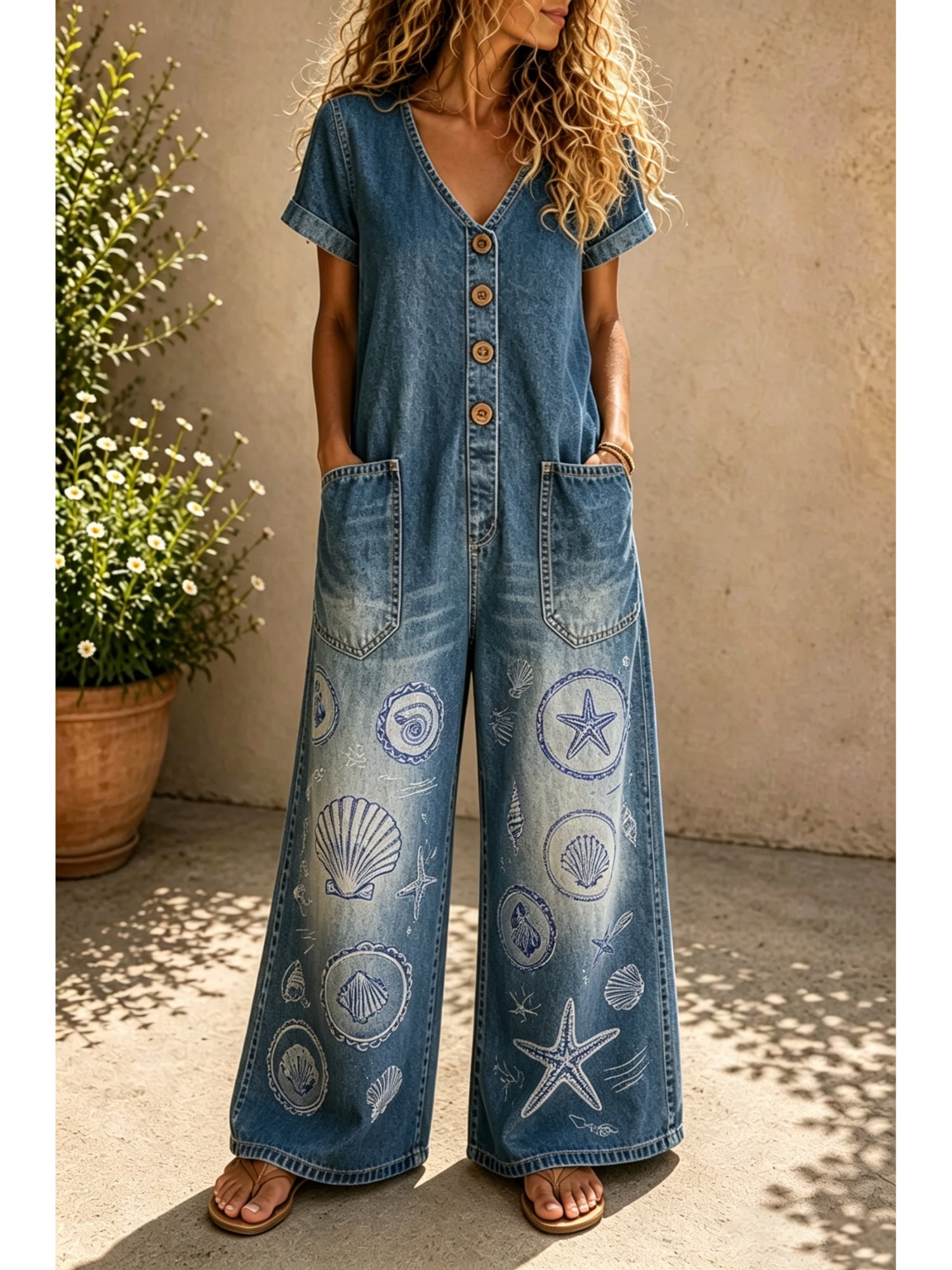 Casual Denim Wide-Leg Short Sleeve Jumpsuit with Pockets