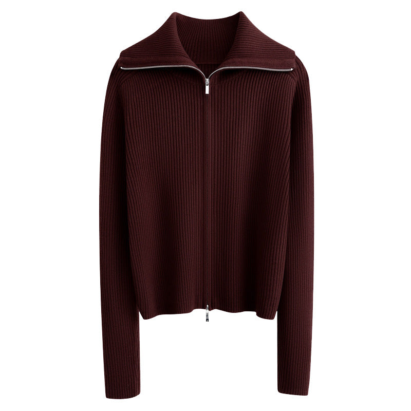 Wool Lapel Knitted Cardigan Relaxed-fit Jacket with Double Zippers
