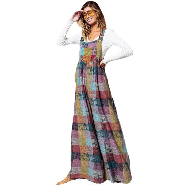 Women's Multi-color Plush Plaid Wide-leg Overalls