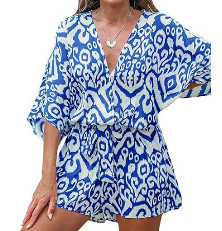 Women's V-Neck Lace-Up Batwing Jumpsuit