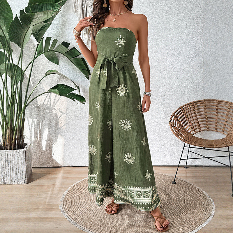 Casual Resort Style Strapless Ethnic-Print Loose Jumpsuit For Women