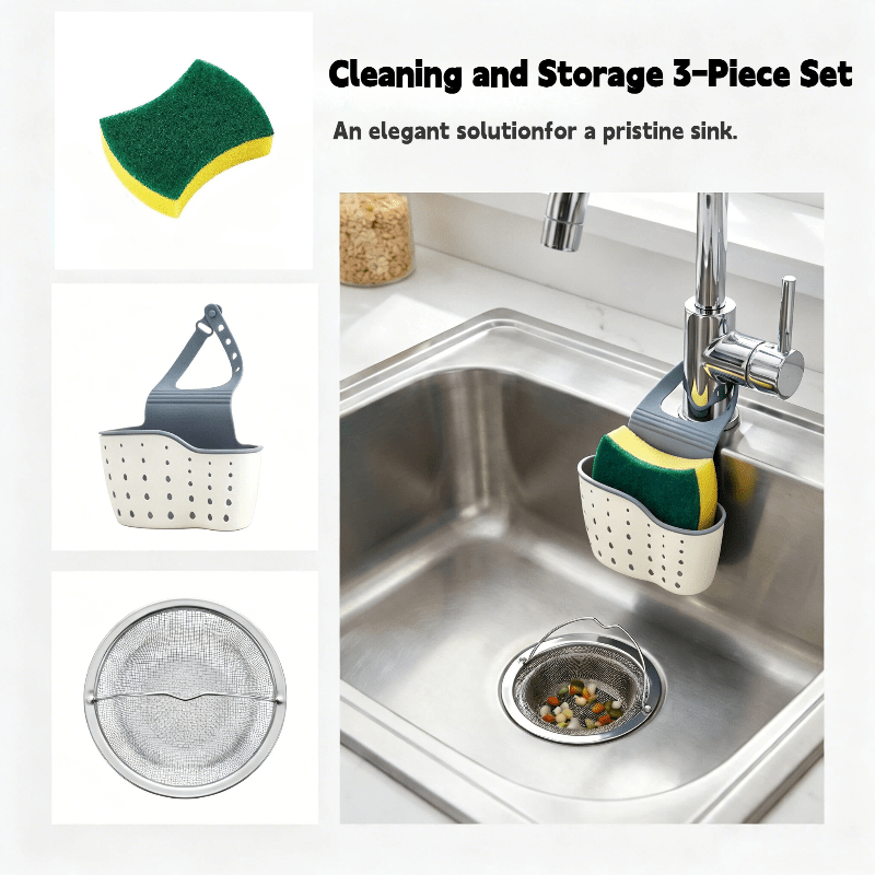 3-Piece Kitchen Sink Organizer Set with Adjustable Caddy, Sponge Holder, and Sink Filter