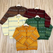 Jacquard Sweater Knitted Cardigan Coatlaid-back Uniquely Ethnic-style Sweater