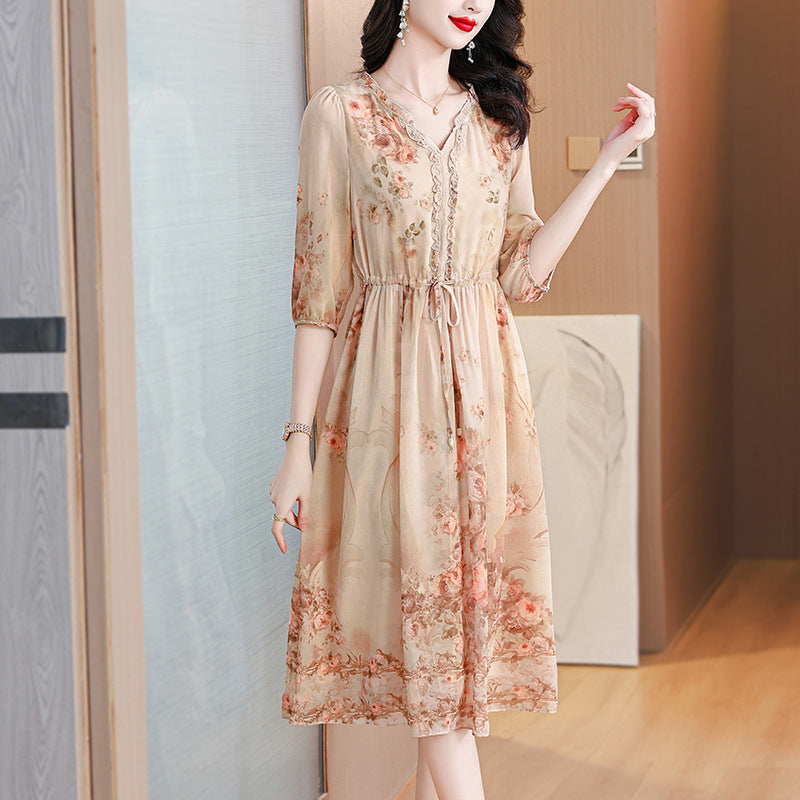 Elegant French Floral Tea-Length Dress