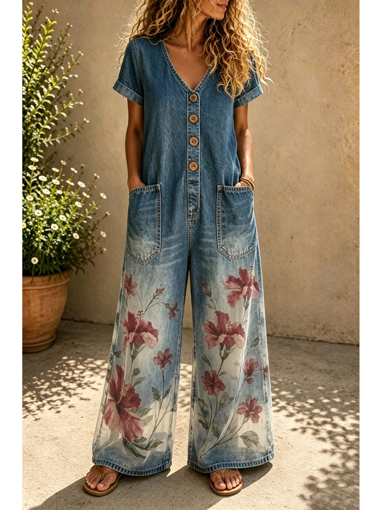 Casual Denim Short-Sleeve Wide-Leg Jumpsuit with Pockets