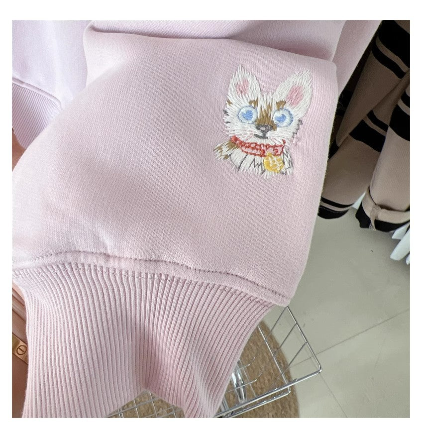 Cute Kitten Embroidered Loose Streetwear Sweater Coat