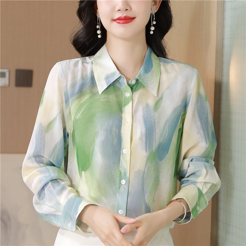 Chinese Ink Painting Style Printed Faux Silk Shirt