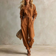 Women's Elegant Square Neck Long Sleeve Linen Jumpsuit