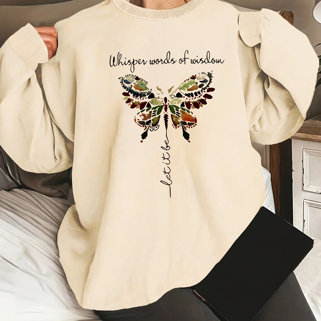 Women's Oversized Butterfly Graphic Long Sleeve Sweatshirt, Round Neck, Casual, Machine Washable