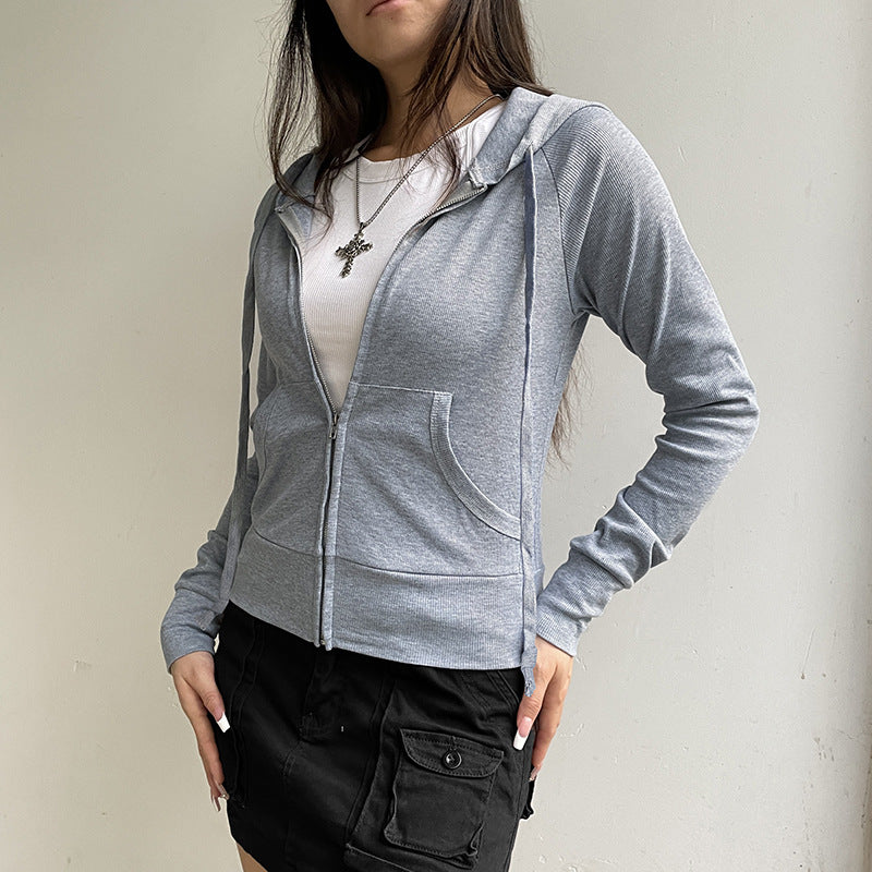 Women's Gray Ribbed Hooded Zip-Up Short Cardigan Sweater