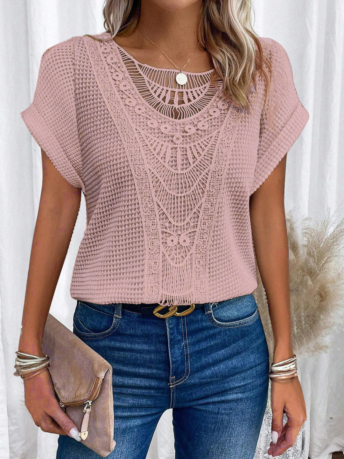 Independent Site Hollowed Lace Patchwork Plus-size Short-sleeve T-shirt Cross-border