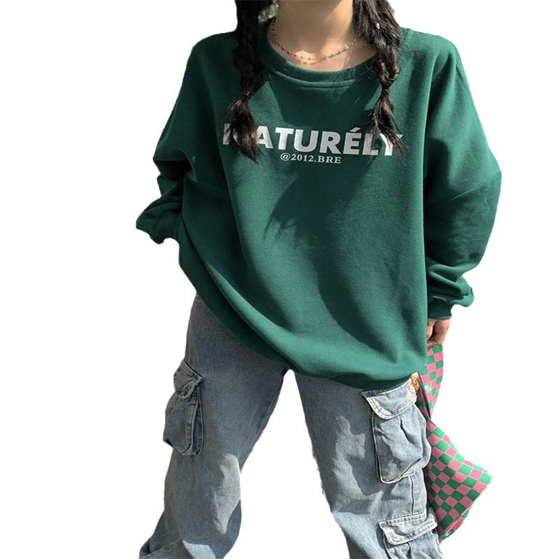 Cozy Fleece-Lined Letter Print Loose Long Sleeve Sweater