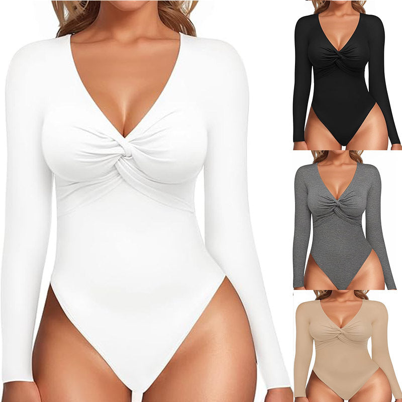 Women's Deep V-Neck Slim-Fit Long-Sleeve Jumpsuit