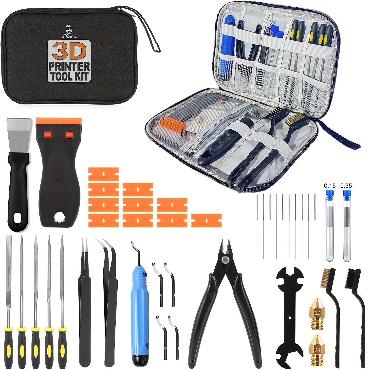 33‑Piece 3D Printer Tool Kit – Nozzles (0.2 mm / 0.4 mm), Cleaning Tools, Scraper, Brushes, Pliers, Files, Deburring Tools