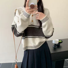 Color-block Striped Nautical-style Oversized Lapel Sweater for Women Autumn and Winter