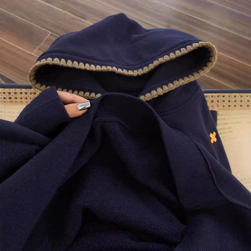 Retro Ethnic Woven Patch Loose Hooded Sweater