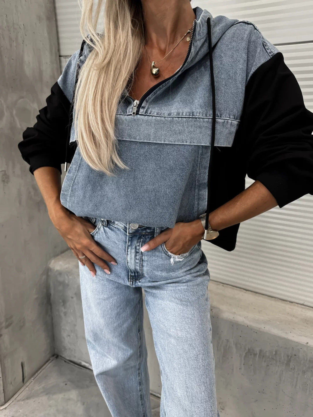Casual Denim Patchwork Hooded Women's Sweatshirt